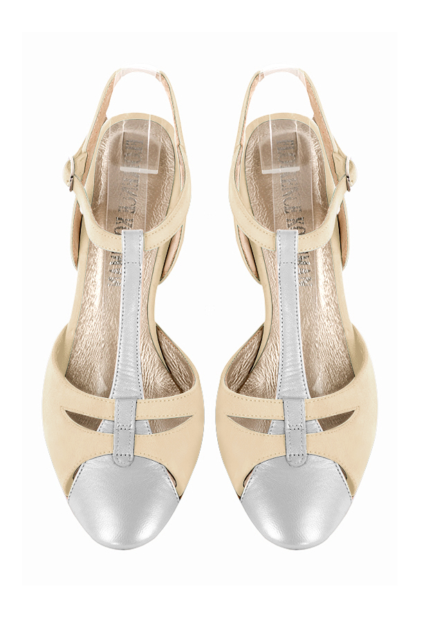 Light silver and champagne white women's open back T-strap shoes. Round toe. High kitten heels. Top view - Florence KOOIJMAN